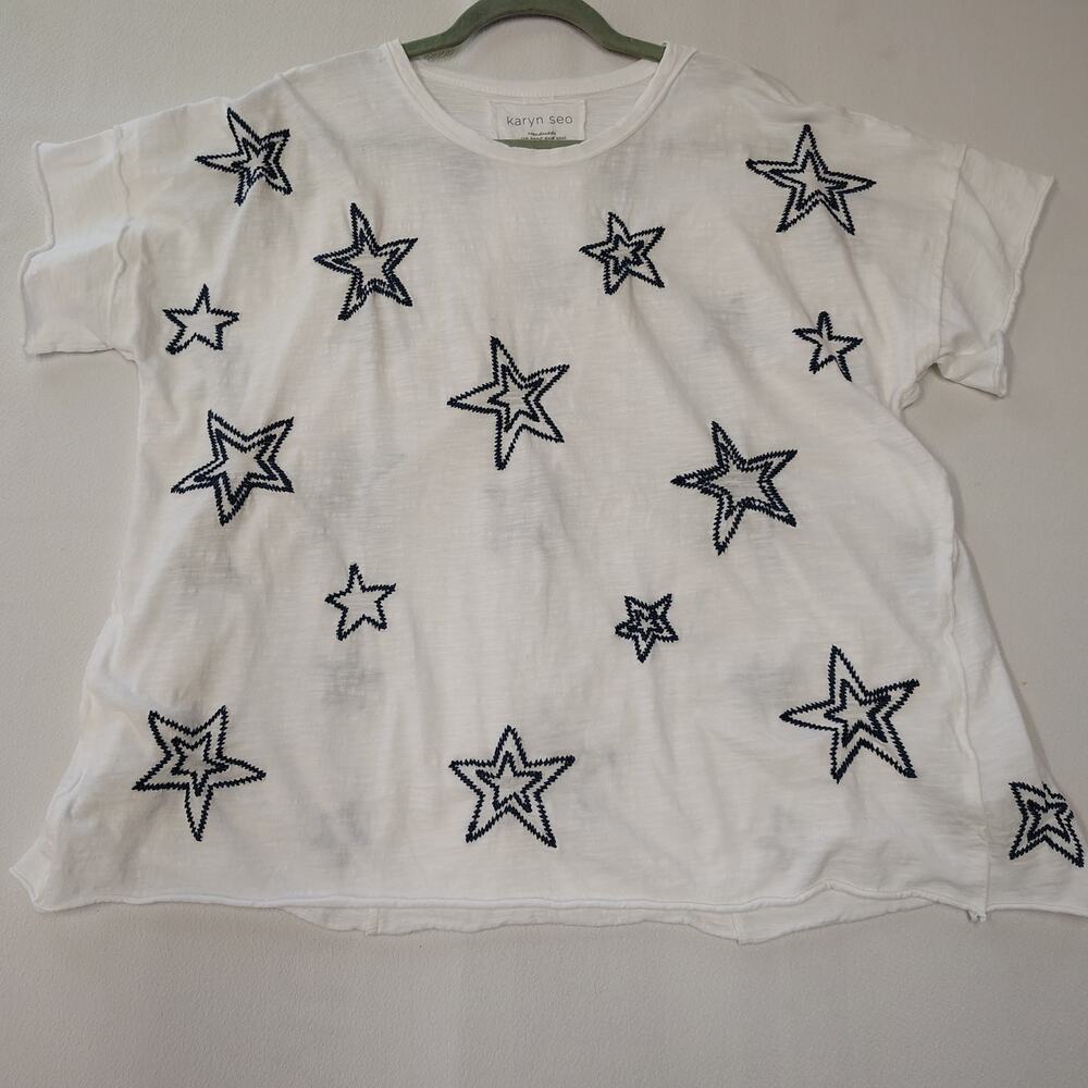 Karyn Seo XL White Embroidered Star Tee Boho Raw Edge Handmade India Top - Picture 5 of 15